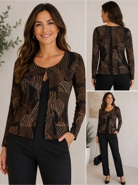 Notations Black Cardigan with Metallic Bronze Geometric Print shirt underneath M